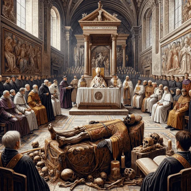 DALL·E-2023-12-23-13.03.11-A-historical-depiction-of-the-Cadaver-Synod-held-in-January-897-showcasing-a-medieval-courtroom-setting-in-the-Basilica-of-St.